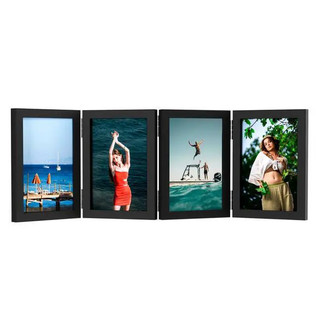 Alt view image 7 of 7 - 4 Picture Frame, 4x6 Four Folding Hinged Photo Frames, Rustic Wood Desk Family Photo Collage Stand Vertical on Tabletop for Birthday Family Lover Gift (Black)