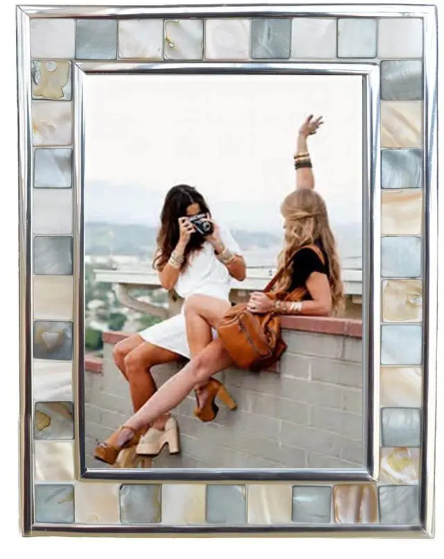 Main image of Mother of Pearl Picture Frame 5x7, Grey+White, 1pc | Silver Plate, Natural Pearl, Mosaic Glass, Tabletop Frame for Anniversary, Mother's Day, Birthday, Wedding or Christmas