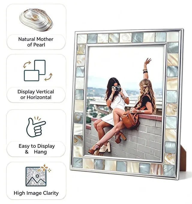 Alt view image 2 of 7 - Mother of Pearl Picture Frame 5x7, Grey+White, 1pc | Silver Plate, Natural Pearl, Mosaic Glass, Tabletop Frame for Anniversary, Mother's Day, Birthday, Wedding or Christmas