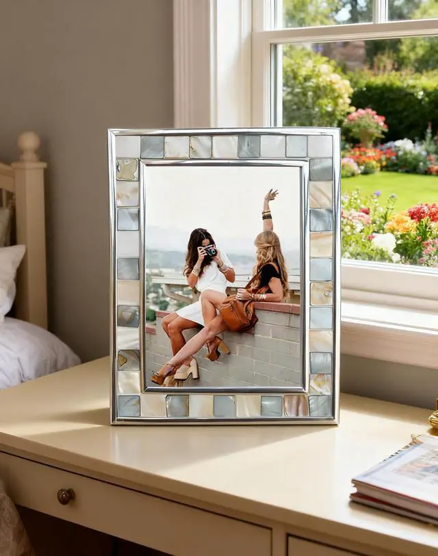 Alt view image 3 of 7 - Mother of Pearl Picture Frame 5x7, Grey+White, 1pc | Silver Plate, Natural Pearl, Mosaic Glass, Tabletop Frame for Anniversary, Mother's Day, Birthday, Wedding or Christmas
