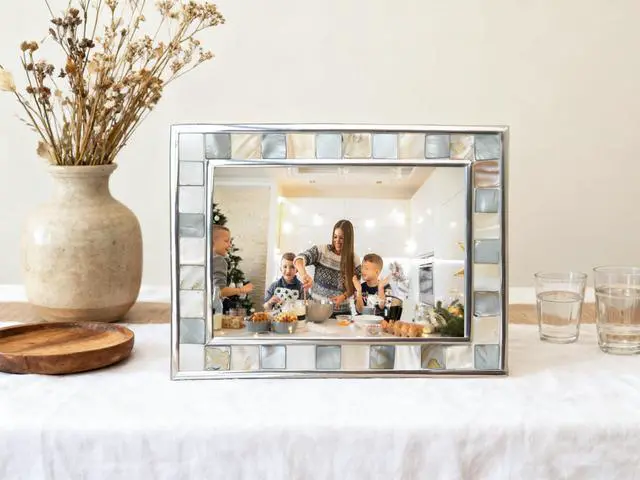 Alt view image 4 of 7 - Mother of Pearl Picture Frame 5x7, Grey+White, 1pc | Silver Plate, Natural Pearl, Mosaic Glass, Tabletop Frame for Anniversary, Mother's Day, Birthday, Wedding or Christmas