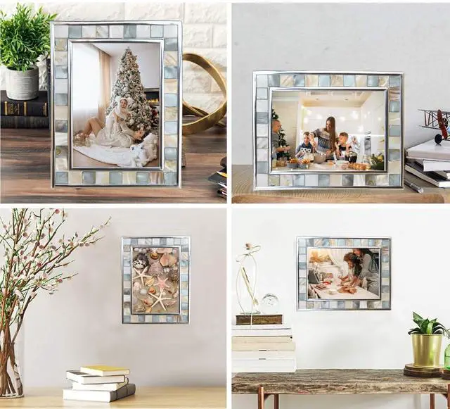 Alt view image 6 of 7 - Mother of Pearl Picture Frame 5x7, Grey+White, 1pc | Silver Plate, Natural Pearl, Mosaic Glass, Tabletop Frame for Anniversary, Mother's Day, Birthday, Wedding or Christmas