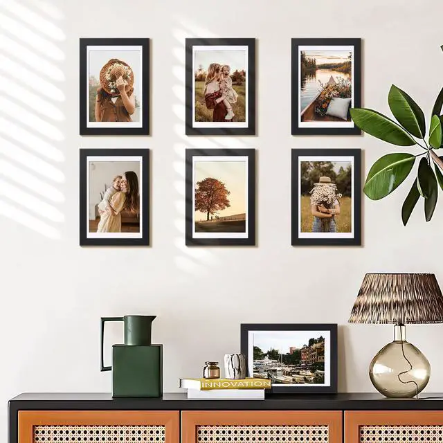 Alt view image 2 of 7 - 4x6 Picture Frame Set of 5, Wall or Tabletop Display, Black | Black Picture Frames 4x6 Display Photos 3.5x5 with Mat or 4x6 without, Gallery Wall Frame Set, Modern Classic Home Decor