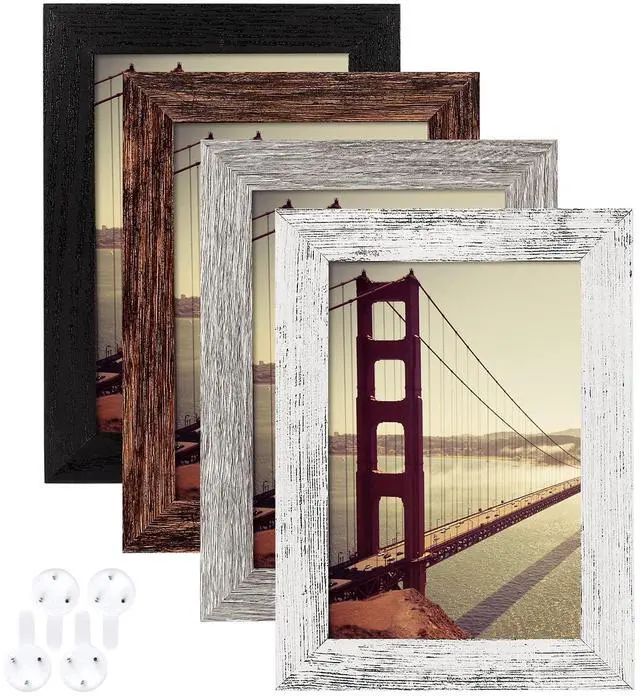 Main image of 4x6 Picture Frame Distressed Farmhouse Wood Pattern Set of 4,Display 3.5x5 with Mat or 4x6 Without Mat,Multicolour