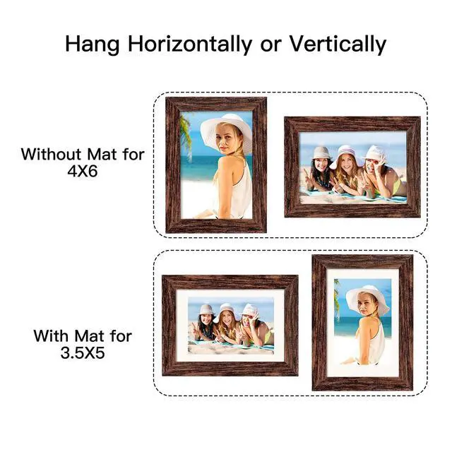 Alt view image 3 of 7 - 4x6 Picture Frame Distressed Farmhouse Wood Pattern Set of 4,Display 3.5x5 with Mat or 4x6 Without Mat,Multicolour
