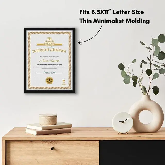 Alt view image 5 of 7 - 8.5x11 Picture Frame with Shatter-Resistant Glass - Streamline Collection - Thin Border Photo Frame for Tabletop and Wall Display - Hanging Hardware and Easel Stand Included - Black