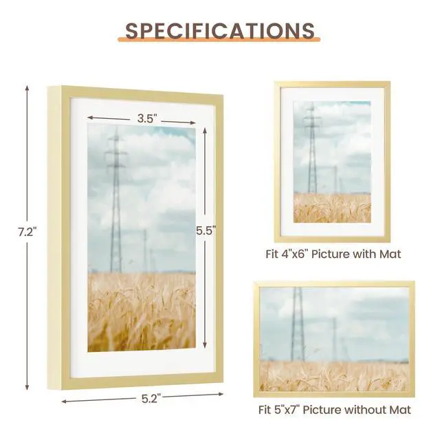 Alt view image 5 of 7 - 5x7 Metal Picture Frame - 5 x 7 Metal Photo Frames with 4x6 Removable Mat- Ideal for Wall or Tabletop Display - Wall Hook Hanging Hardware Included (Gold, 1 Pack)