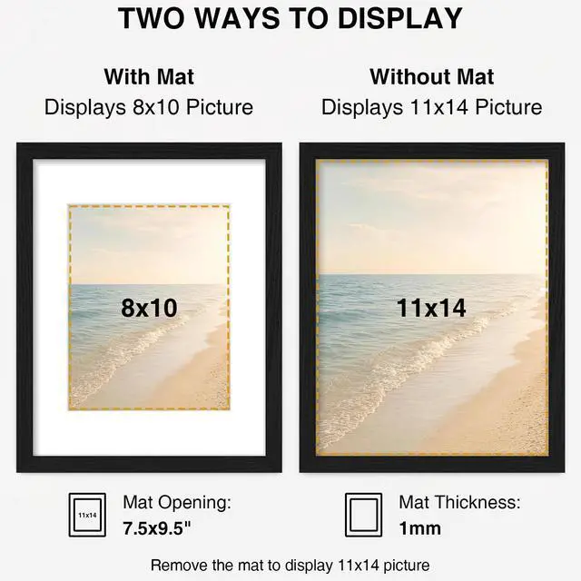 Alt view image 2 of 7 - 11x14 Picture Frame, Matted for 8x10 Photos, Black | Picture Frame 11x14 with Shatter-Resistant Plexiglass, Photo Frame for Wall Mounting, 1 Pack
