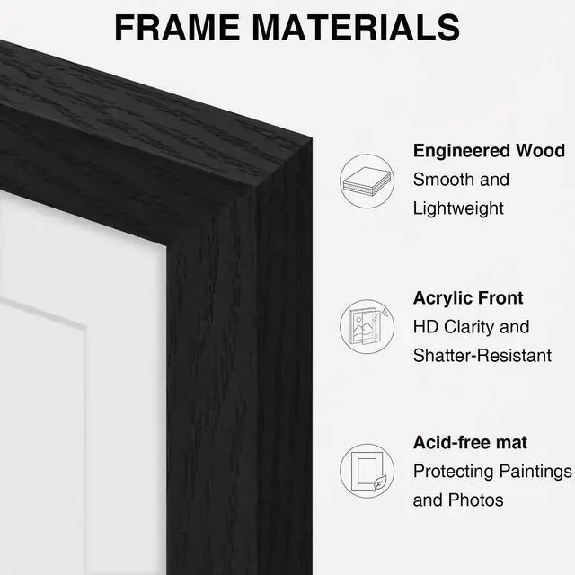 Alt view image 6 of 7 - 11x14 Picture Frame, Matted for 8x10 Photos, Black | Picture Frame 11x14 with Shatter-Resistant Plexiglass, Photo Frame for Wall Mounting, 1 Pack