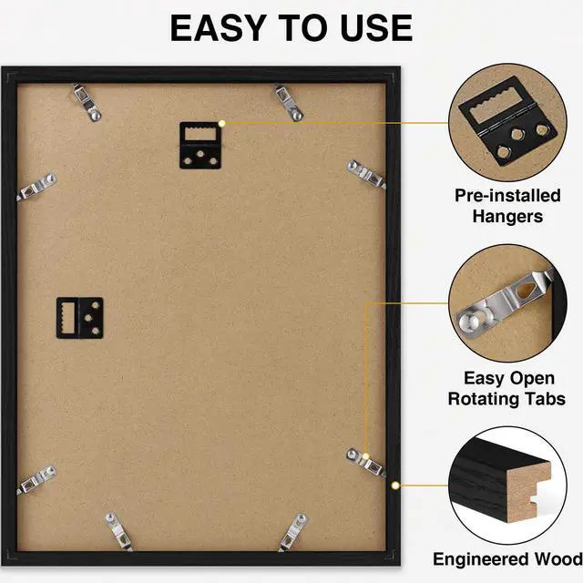 Alt view image 7 of 7 - 11x14 Picture Frame, Matted for 8x10 Photos, Black | Picture Frame 11x14 with Shatter-Resistant Plexiglass, Photo Frame for Wall Mounting, 1 Pack