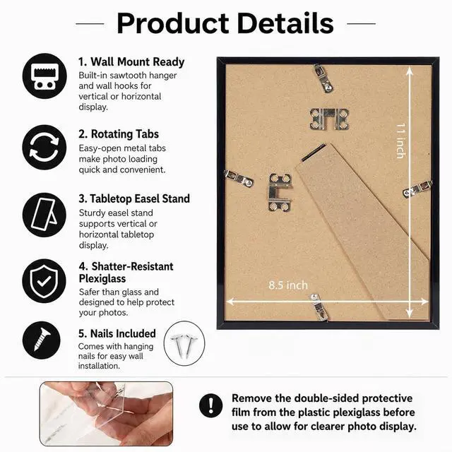 Alt view image 4 of 7 - 8.5x11 inch Picture Frame Black for Certificate Poster and Photo, Horizontal and Vertical Formats for Wall Hanging or Tabletop, 8.5x11 Frame with Shatter Resistant Plexiglass, Black |