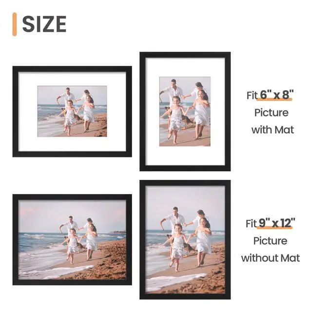 Alt view image 3 of 5 - 9x12 Picture Frame, Wall Decor Photo Frames, Black 1 Pack | 9 x 12 Frame, 6x8 Frame with Mat for Gallery Wall, Family, Baby, Dog, Dorm, Christmas