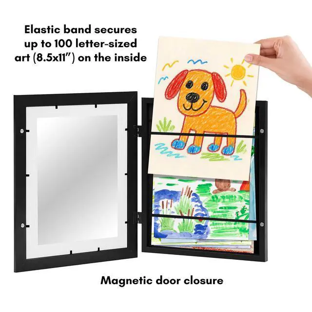 Alt view image 5 of 7 - Kids Artwork Frame Changeable (Black) Magnetic Door Holds 100 Art Pieces - 8.5x11 Letter Size Display with Mat or 10x12.5 Without Mat - My Mini Masterpiece | Holds 100 art pieces, magnetic front door