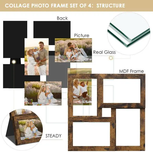 Alt view image 5 of 7 - 4x6 Collage Frame Tempered Glass For 4 4x6 Photos Brown | Premium Tempered Glass Provides Clear Vision, Ideal Decor to Arrange Your Warm Family Photos At Home