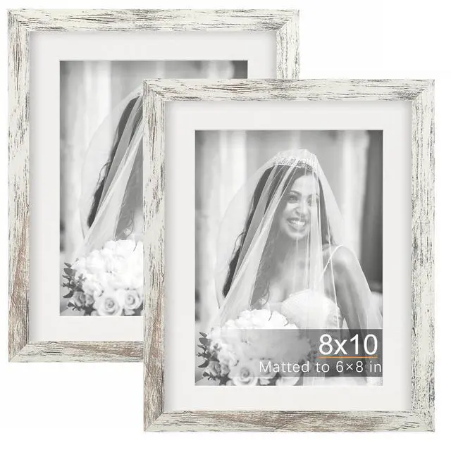 Main image of 8x10 Picture Frames with 6x8 Mat Set of 2, Distressed White | Wood Grain Design, Wall Mounting or Tabletop Display, for Christmas Mother's Day Father's Day birthday