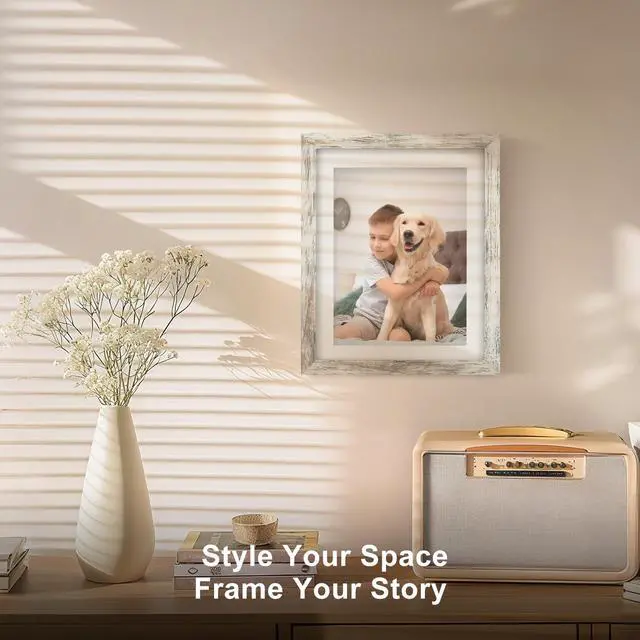 Alt view image 2 of 7 - 8x10 Picture Frames with 6x8 Mat Set of 2, Distressed White | Wood Grain Design, Wall Mounting or Tabletop Display, for Christmas Mother's Day Father's Day birthday