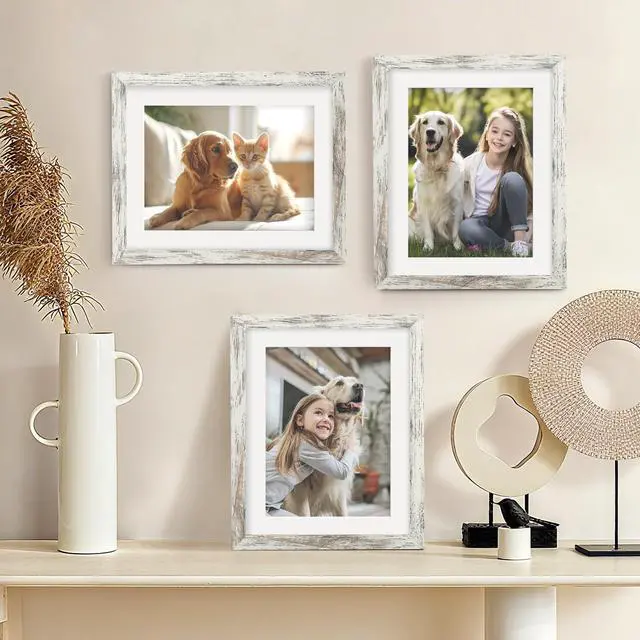 Alt view image 5 of 7 - 8x10 Picture Frames with 6x8 Mat Set of 2, Distressed White | Wood Grain Design, Wall Mounting or Tabletop Display, for Christmas Mother's Day Father's Day birthday