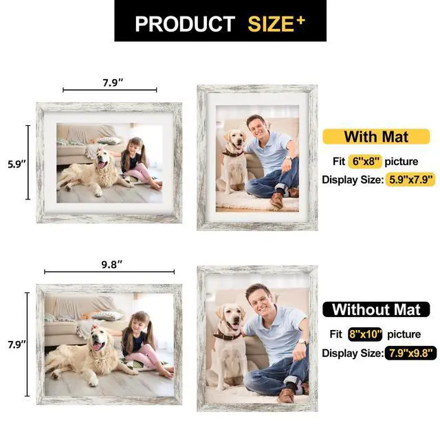 Alt view image 6 of 7 - 8x10 Picture Frames with 6x8 Mat Set of 2, Distressed White | Wood Grain Design, Wall Mounting or Tabletop Display, for Christmas Mother's Day Father's Day birthday