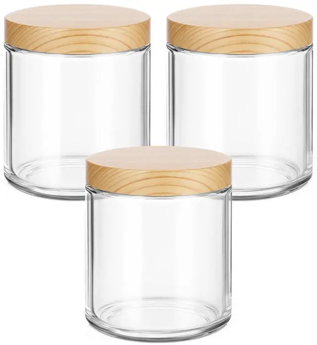 Main image of 8 oz Glass Jars with Lids, 3 Pack Small Glass Jars with Woodgrain Lids | Leakproof, BPA-Free, Empty Glass Containers with Blank Labels for Sample, Cream, Lotion, Honey, Powder