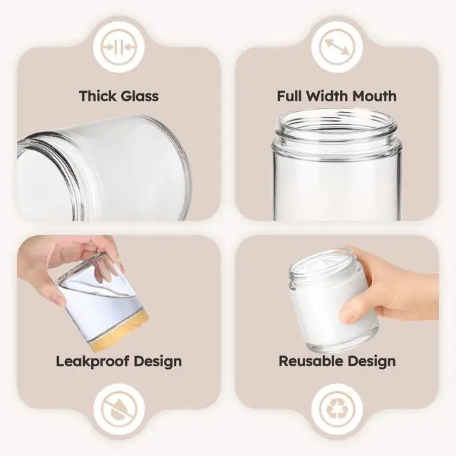 Alt view image 4 of 7 - 8 oz Glass Jars with Lids, 3 Pack Small Glass Jars with Woodgrain Lids | Leakproof, BPA-Free, Empty Glass Containers with Blank Labels for Sample, Cream, Lotion, Honey, Powder