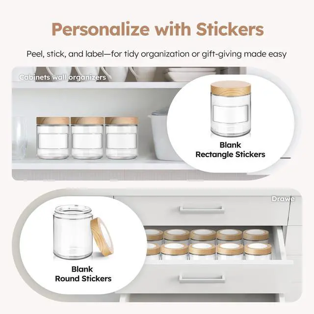 Alt view image 5 of 7 - 8 oz Glass Jars with Lids, 3 Pack Small Glass Jars with Woodgrain Lids | Leakproof, BPA-Free, Empty Glass Containers with Blank Labels for Sample, Cream, Lotion, Honey, Powder