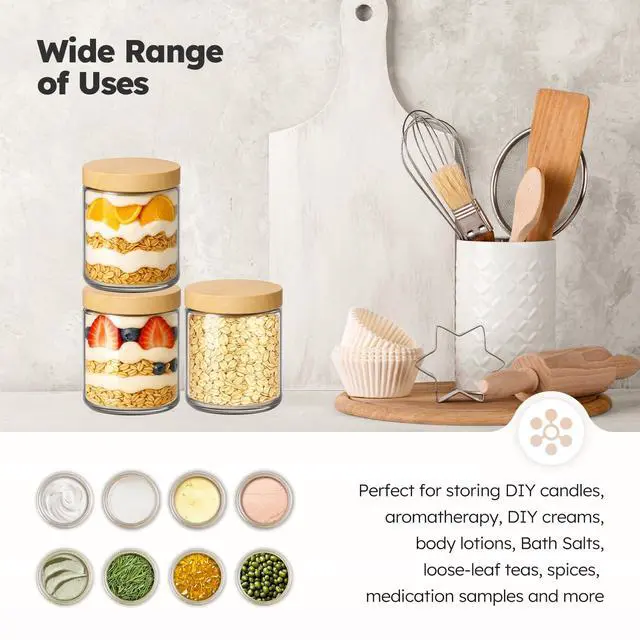 Alt view image 7 of 7 - 8 oz Glass Jars with Lids, 3 Pack Small Glass Jars with Woodgrain Lids | Leakproof, BPA-Free, Empty Glass Containers with Blank Labels for Sample, Cream, Lotion, Honey, Powder