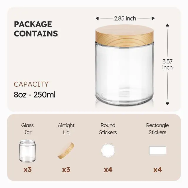 Alt view image 3 of 7 - 8 oz Glass Jars with Lids, 3 Pack Small Glass Jars with Woodgrain Lids | Leakproof, BPA-Free, Empty Glass Containers with Blank Labels for Sample, Cream, Lotion, Honey, Powder