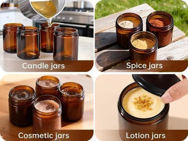 Alt view image 3 of 4 - 8oz Amber Glass Jars with Lids (3 Pack) - Empty Candle Jars for making candles,Cosmetic Jar,Amber Containers with Lids for Creams,Lotions,Spices