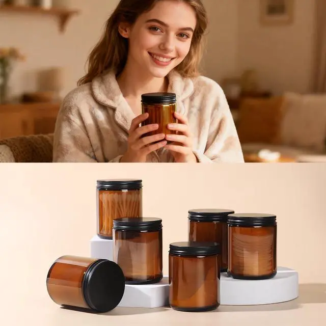 Alt view image 4 of 4 - 8oz Amber Glass Jars with Lids (3 Pack) - Empty Candle Jars for making candles,Cosmetic Jar,Amber Containers with Lids for Creams,Lotions,Spices
