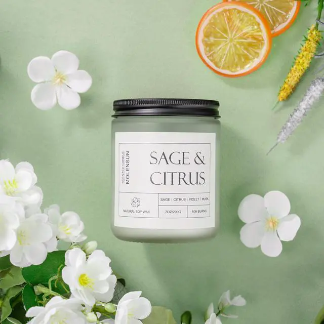 Alt view image 4 of 6 - Sage Citrus Scented Candle, Soy Wax 7 oz | Fresh sage and citrus aromatherapy fragrance; 50H burn long-lasting jar candle; Gift for women
