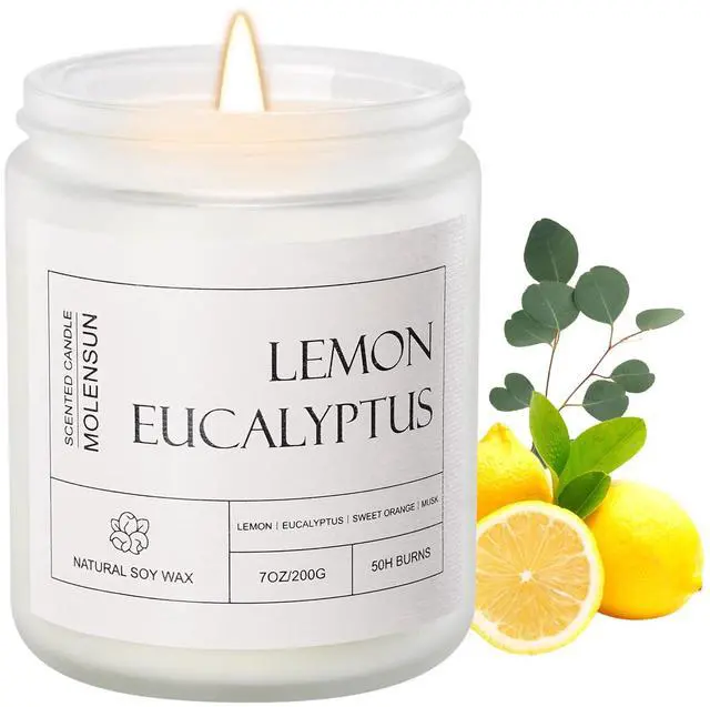 Main image of Lemon Eucalyptus Scented Candle, Soy Wax 7 oz | Bright lemon eucalyptus aromatherapy fragrance; 50H burn long-lasting jar candle; Gift for women