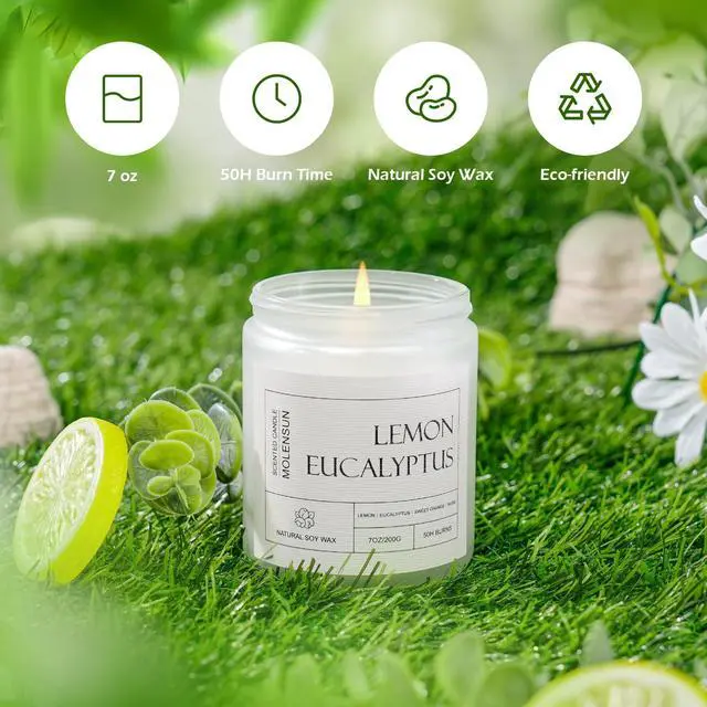 Alt view image 3 of 6 - Lemon Eucalyptus Scented Candle, Soy Wax 7 oz | Bright lemon eucalyptus aromatherapy fragrance; 50H burn long-lasting jar candle; Gift for women