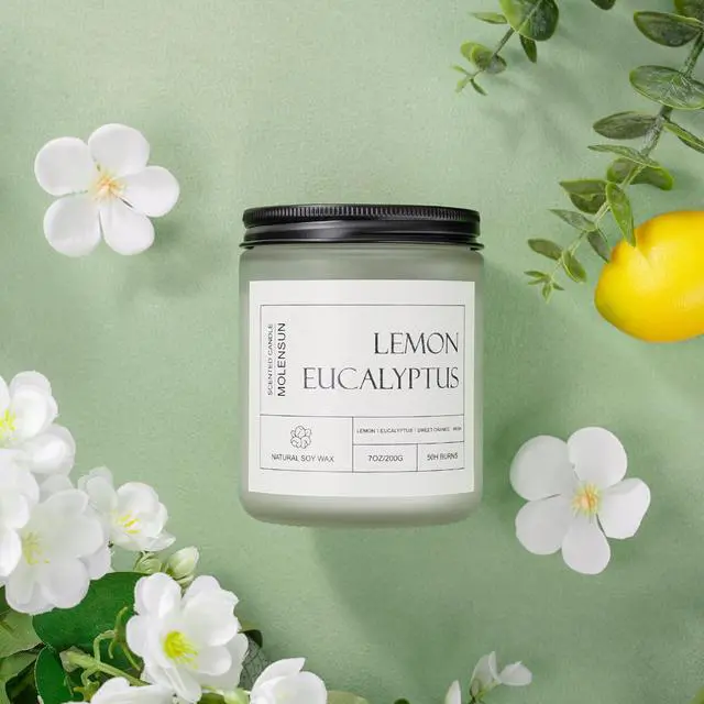 Alt view image 4 of 6 - Lemon Eucalyptus Scented Candle, Soy Wax 7 oz | Bright lemon eucalyptus aromatherapy fragrance; 50H burn long-lasting jar candle; Gift for women