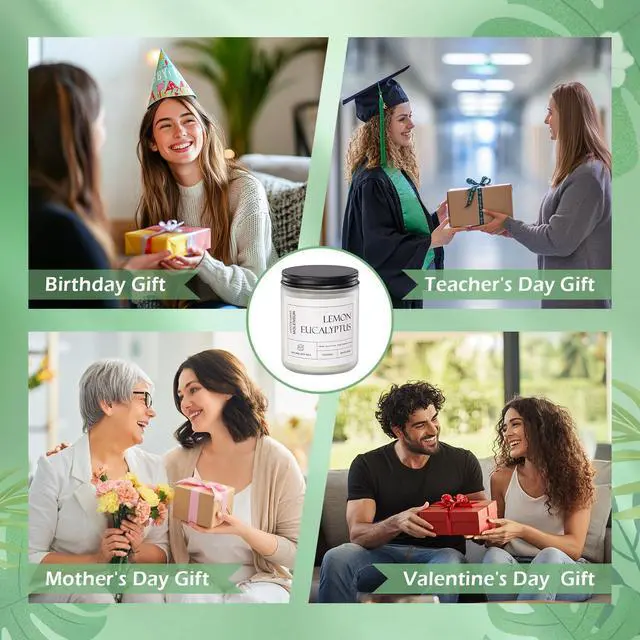 Alt view image 5 of 6 - Lemon Eucalyptus Scented Candle, Soy Wax 7 oz | Bright lemon eucalyptus aromatherapy fragrance; 50H burn long-lasting jar candle; Gift for women