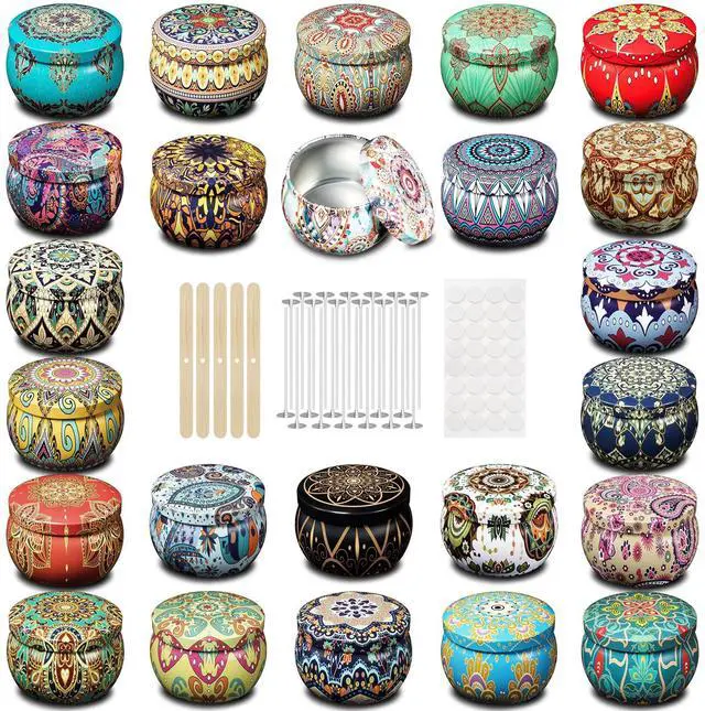 Main image of Empty Candle Tins for Making Candles, 24 Pack 3 oz with Lids, Cotton Wicks, Wick Stickers and Holders