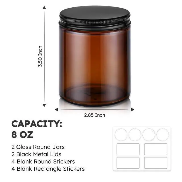 Alt view image 3 of 7 - 8 oz Glass Jars with Metal Lids, 2 Pack Small Amber Glass Jars with Lids | Leakproof, BPA-Free, Empty Glass Containers with Blank Labels for Sample, Cream, Lotion, Honey, Powder
