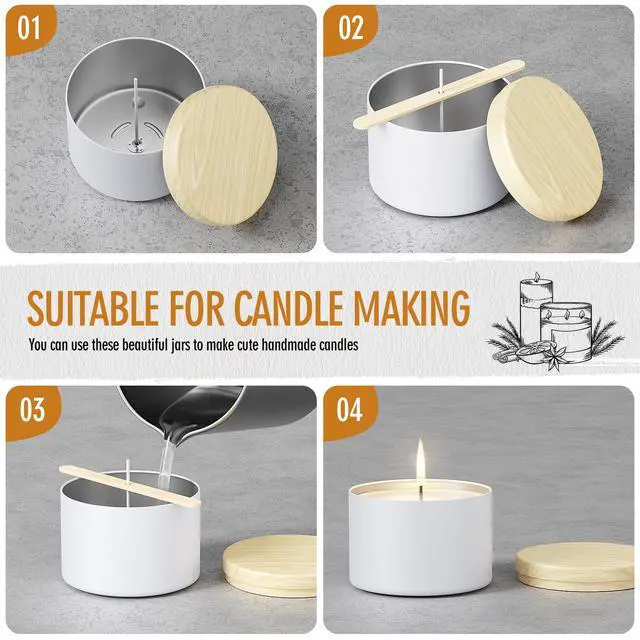 Alt view image 5 of 7 - Empty Candles Tins 4 oz Candle Jars 24 pcs Candle Containers for Candle Making with Lid (White-Woodgrain, 4oz)