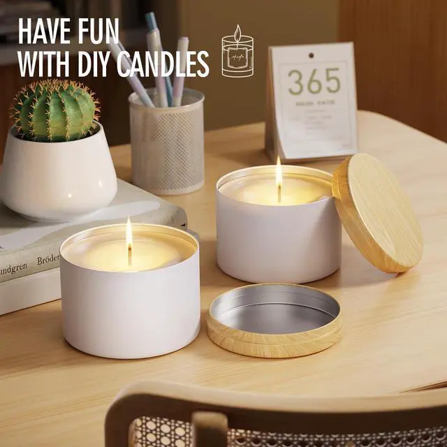 Alt view image 6 of 7 - Empty Candles Tins 4 oz Candle Jars 24 pcs Candle Containers for Candle Making with Lid (White-Woodgrain, 4oz)