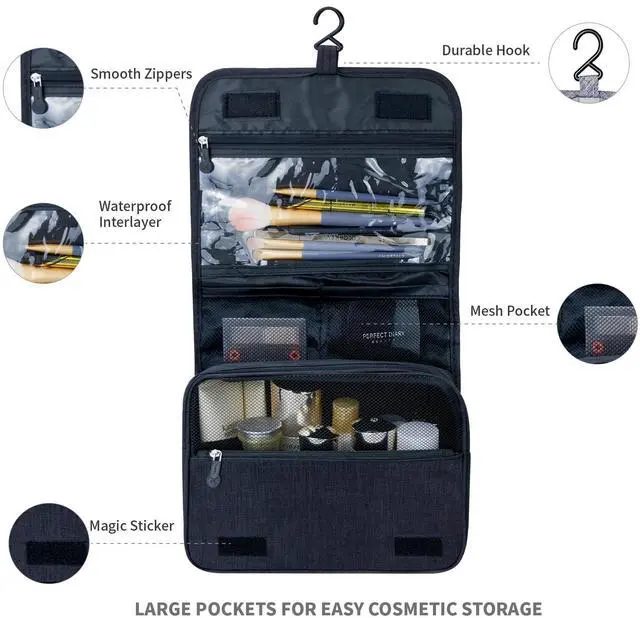 Alt view image 2 of 6 - Large Capacity Toiletry Bag Travel Bag with Hanging Hook for Men and Women Waterproof Travel Cosmetic Bag Bathroom Storage Bag for Brushes Set,Full-Sized Shampoo,Toiletries,Accessories-Black