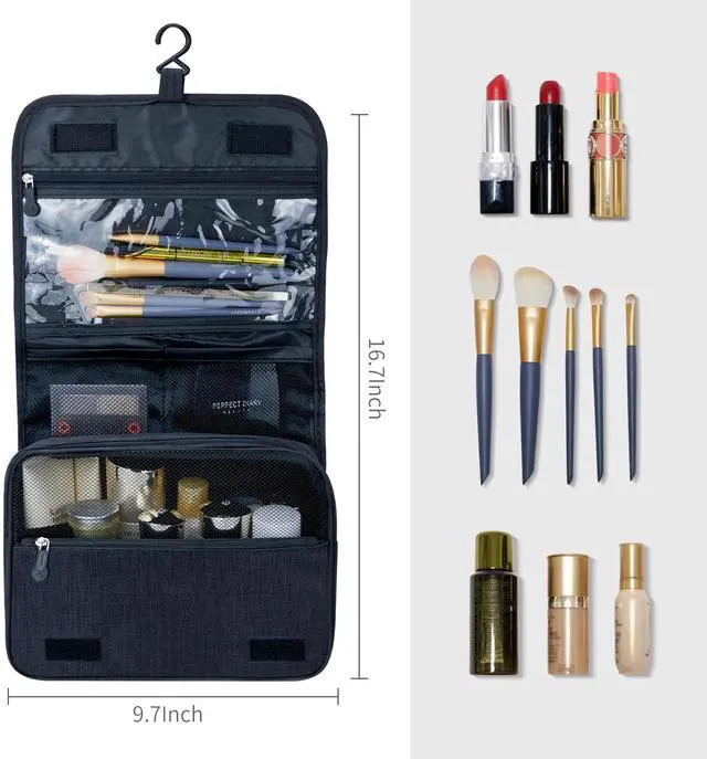 Alt view image 4 of 6 - Large Capacity Toiletry Bag Travel Bag with Hanging Hook for Men and Women Waterproof Travel Cosmetic Bag Bathroom Storage Bag for Brushes Set,Full-Sized Shampoo,Toiletries,Accessories-Black