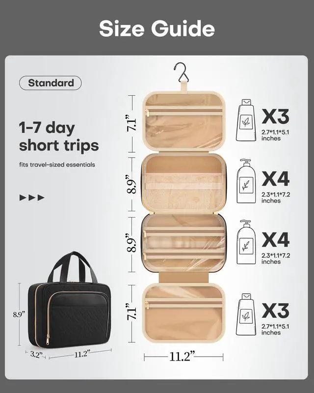 Alt view image 4 of 6 - Hanging Travel Toiletry Bag Women Men, Black, Medium | Waterproof Makeup Bag Hanging Hook,Multiple Pockets,Travel Essentials,11.2 x 3.2 x 8.9inches