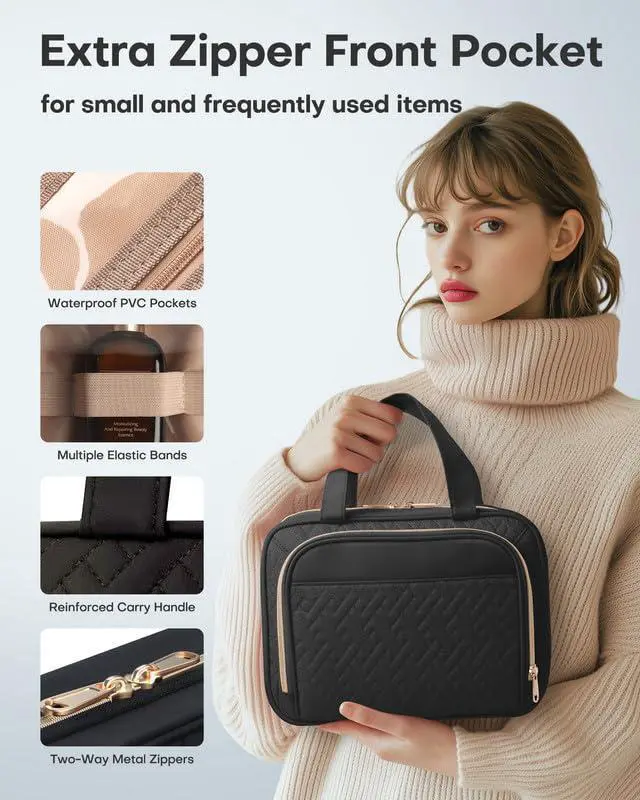 Alt view image 5 of 6 - Hanging Travel Toiletry Bag Women Men, Black, Medium | Waterproof Makeup Bag Hanging Hook,Multiple Pockets,Travel Essentials,11.2 x 3.2 x 8.9inches