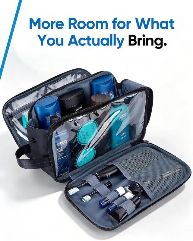 Alt view image 2 of 7 - Travel Toiletry Bag for Men, Full Open Dopp Kit with Dual Compartment | Double-sided storage and water-resistant fabric for Shower and Hygiene Accessories,Bathroom Essentials,Cosmetics,Black,Medium