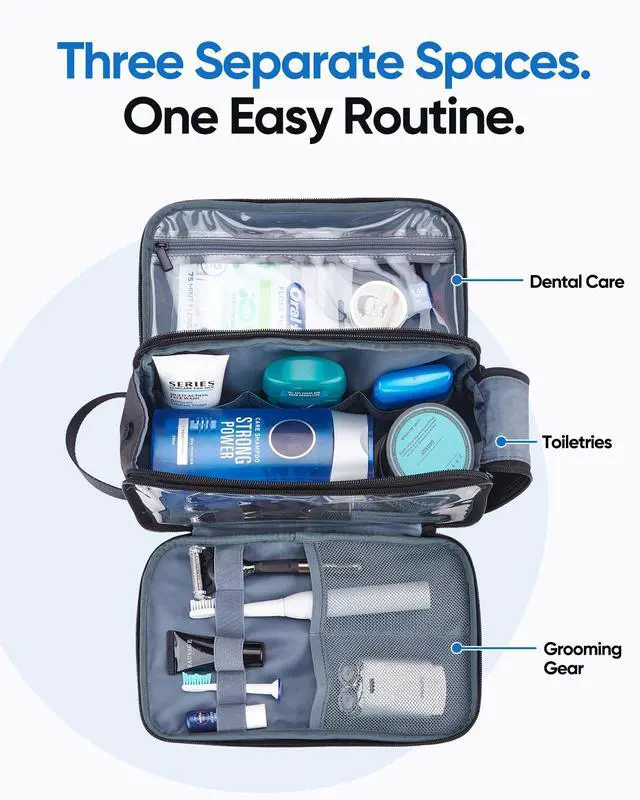 Alt view image 3 of 7 - Travel Toiletry Bag for Men, Full Open Dopp Kit with Dual Compartment | Double-sided storage and water-resistant fabric for Shower and Hygiene Accessories,Bathroom Essentials,Cosmetics,Black,Medium