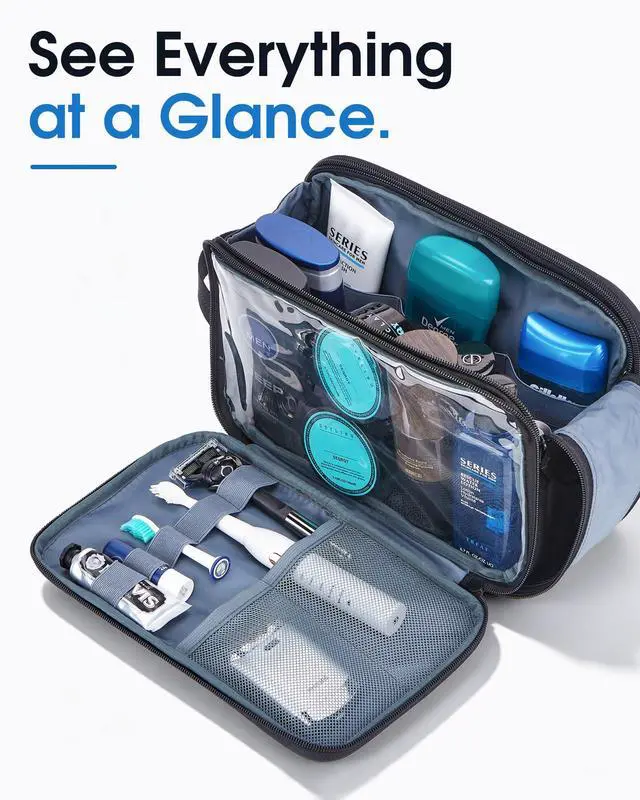 Alt view image 7 of 7 - Travel Toiletry Bag for Men, Full Open Dopp Kit with Dual Compartment | Double-sided storage and water-resistant fabric for Shower and Hygiene Accessories,Bathroom Essentials,Cosmetics,Black,Medium