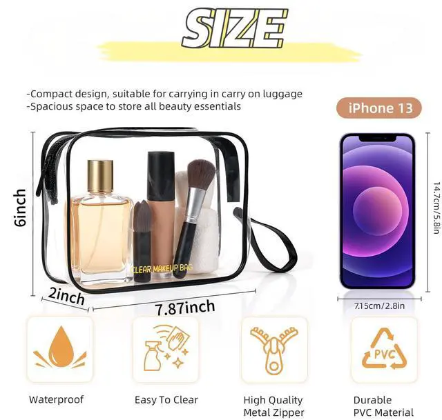 Alt view image 2 of 7 - Clear Makeup Bag,2 Pack TSA Approved Toiletry Bag for Women & Men | Portable Handheld Design, Waterproof, Airport Airline Compliant, Clear Toiletry Cosmetic Bag