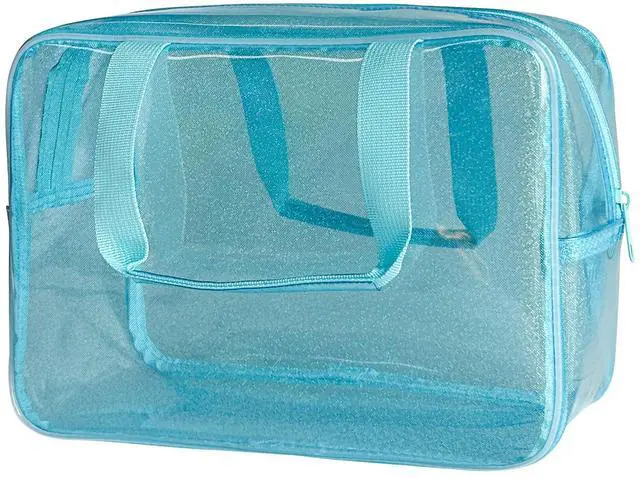 Main image of Blue Waterproof Makeup Bag,11.81 x 5.12 x 8.27inch, Iridescent TPU Travel Toiletry Bag with Handle for Women & Men, Portable Cosmetic Pouch for Gym Swim Beach (524-6)