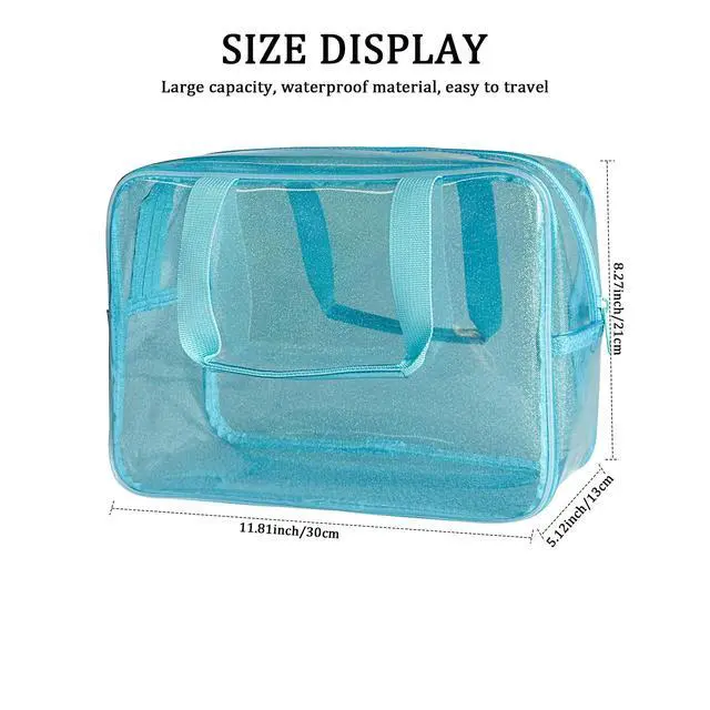 Alt view image 2 of 6 - Blue Waterproof Makeup Bag,11.81 x 5.12 x 8.27inch, Iridescent TPU Travel Toiletry Bag with Handle for Women & Men, Portable Cosmetic Pouch for Gym Swim Beach (524-6)