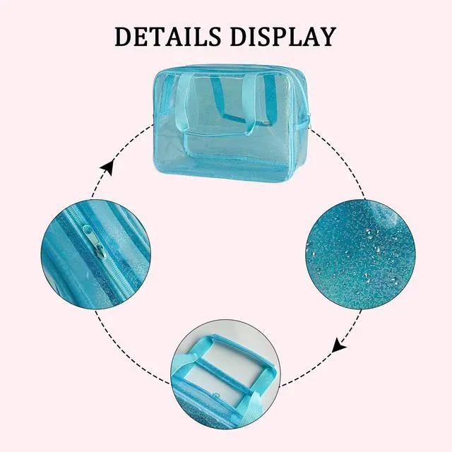 Alt view image 3 of 6 - Blue Waterproof Makeup Bag,11.81 x 5.12 x 8.27inch, Iridescent TPU Travel Toiletry Bag with Handle for Women & Men, Portable Cosmetic Pouch for Gym Swim Beach (524-6)