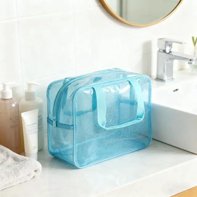 Alt view image 4 of 6 - Blue Waterproof Makeup Bag,11.81 x 5.12 x 8.27inch, Iridescent TPU Travel Toiletry Bag with Handle for Women & Men, Portable Cosmetic Pouch for Gym Swim Beach (524-6)